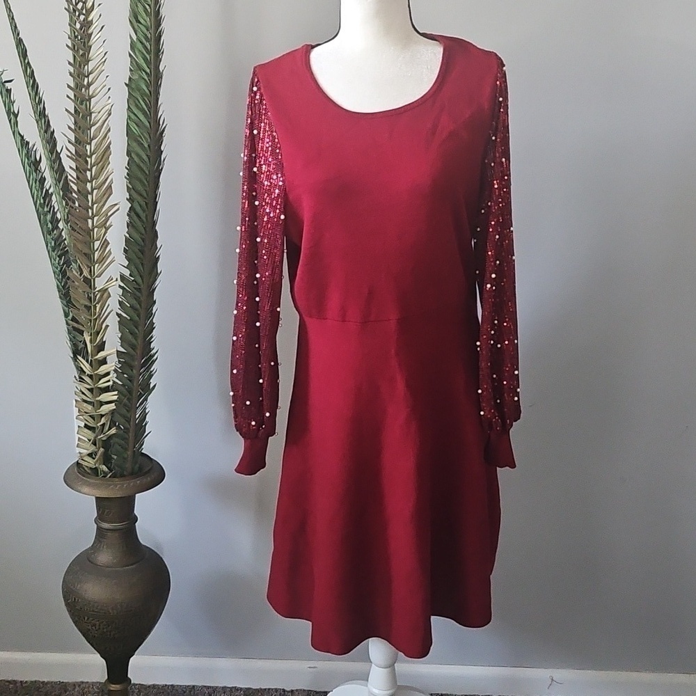 Cato Maroon Sweater Dress with Sequin and Pearl Long Sleeves NWOT - Picture 3 of 15